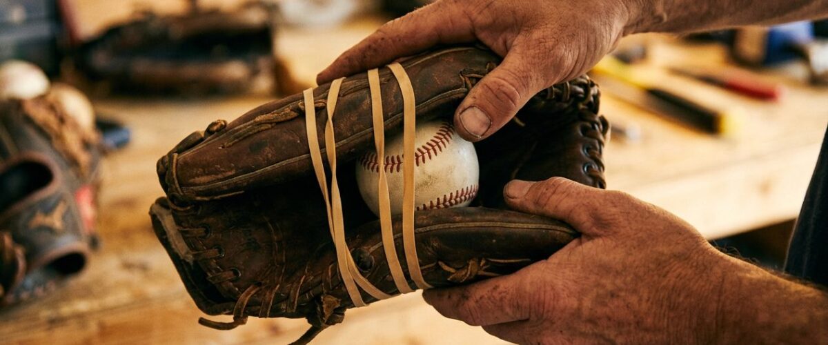 Baseball glove break-in technique with ball and rubber bands