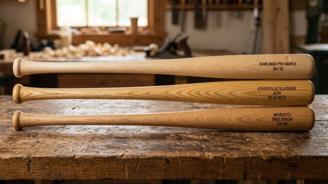 Multiple baseball bats displayed showing different sizes and materials
