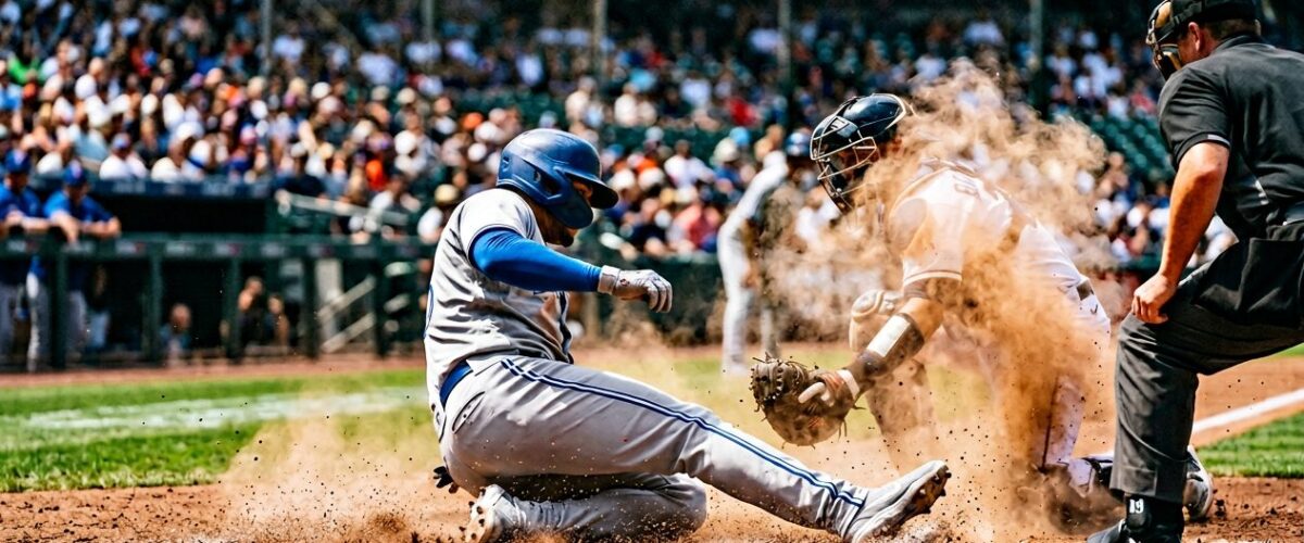 Baseball player sliding feet-first into base with dust cloud