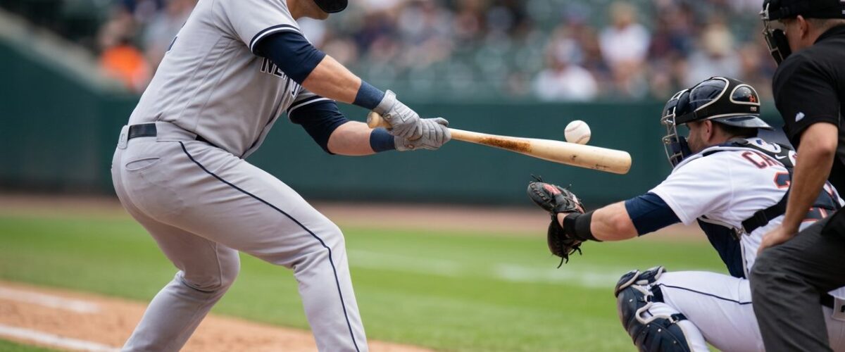 Baseball batter in bunting stance with bat held horizontally across strike zone