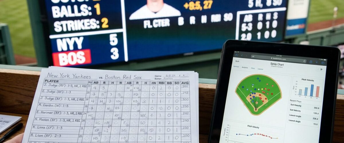 Baseball statistics box score and analytics data on screen