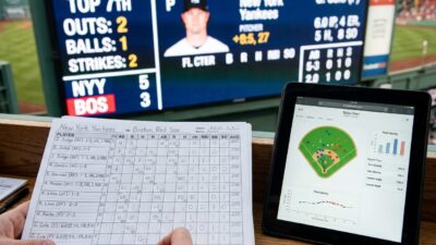 Baseball statistics box score and analytics data on screen