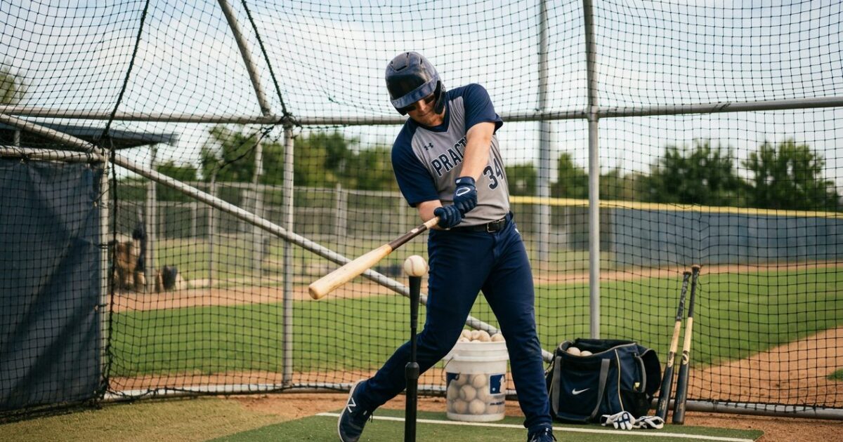 Baseball player in focused practice session at batting cage